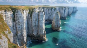 White cliffs meet blue ocean. Tall rock formations stand in the water. Coastal view shows natural beauty. Peaceful scene with clear sky. photo