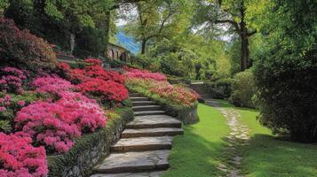 Garden view. Stone steps with pink flowers on the sides. Green grass and trees in the background. Sunny day in the park. photo