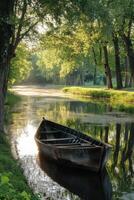 Old boat floats on river. Forest trees reflect in water. Quiet green scene in nature with sunlight shining through branches. photo