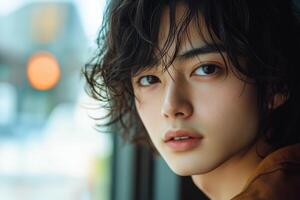 Young person face close up. Dark wavy hair. Neutral expression. Serious gaze portrait. Looking forward. Model with soft skin in natural light. photo
