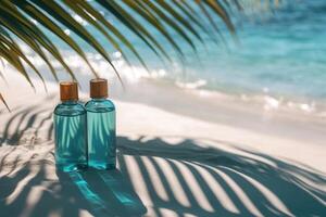 Blue bottles on sand. Clear water. Palm leaves shadow. Beach vacation. Tropical ocean view. Summer rest. Travel relax. photo