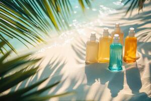 Lotion bottles sit on a beach. Sand and palm leaves provide shade from the bright sun. Ocean water glistens in the background. photo