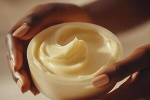 Hands hold cream jar. Soft skin care product. Body butter close up. Nourishing balm in container. Natural light background. Simple and minimal style. photo