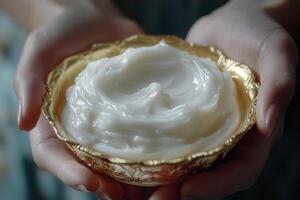 Hands hold bowl. White cream inside. Golden bowl. Skin care. Cosmetic product. Beauty treatment. Woman offering cream. Shiny texture. Moisturizing effect. Soft lotion. Nourishing formula. photo