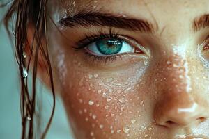 Face Detail With Water Droplets. Close Up on Skin and Eye. Focus on Texture. Fresh and Wet. Beauty Concept. photo