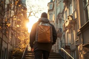 Man with backpack walks up stairs. Sunlight shines between buildings. Autumn colors create warm glow. Travel and explore the city. photo