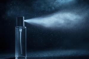 Glass bottle sprays a fine mist. Cosmetic liquid spray from transparent container. Blue dark background shows the spray in motion. Abstract water drop with bottle. photo