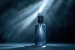 Clear bottle sprays liquid. Blue water mist. Dark background with light. Cosmetic product. Shiny surface. Glass container close up. Water spray motion photo