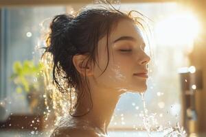 Young woman enjoying a refreshing shower. Water falling on her face and body. Natural light creating a sense of well being in the morning. photo