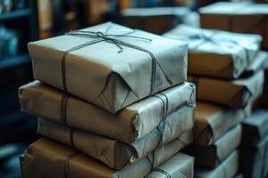 Stack of wrapped packages. Brown paper covers square boxes. Thin string ties each parcel. Several parcels are piled high. Indoor scene with dim lighting. photo