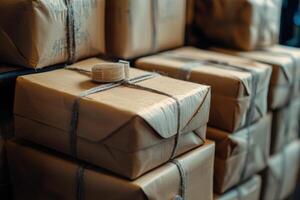 Stack of many brown paper packages tied with string. Parcels wrapped in simple paper. Packages stacked high. Delivery and gifts concept. Close up shot. photo