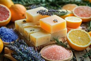 Handmade soap bars with lavender flowers and citrus fruits. Colorful bath salts in wooden bowls on rustic wooden background. Spa treatment concept. photo