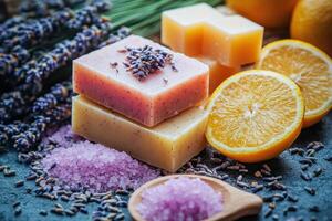 Stack of soaps with orange slices and lavender flowers on dark surface. Pink salt in small wooden spoon near bath products. photo