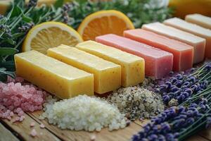 Colorful soaps lie on wooden board. Natural bath products with sea salt and lavender flowers, herbal background with citrus fruit. photo
