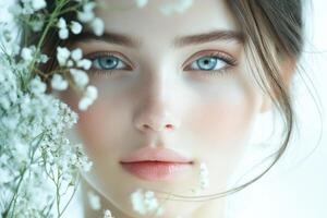 Close up portrait of a beautiful face. The soft skin with a floral display. Bright blue eyes looking forward on a light background. photo