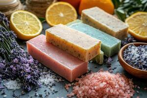 Colorful soap bars sit beside lemon slices lavender flowers and bath salts on a gray surface with a soft light from above photo