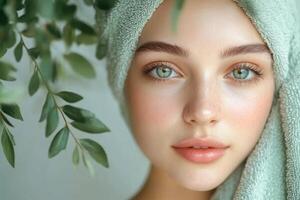 Close up portrait of a beautiful woman with clean skin wearing a towel on her head with green leaves on the side. photo