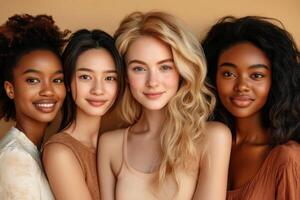 Four diverse young women stand together smiling. They are wearing neutral clothing in a studio with a tan backdrop and soft lighting. photo
