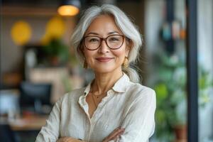 Woman with gray hair looks confidently at the camera inside a modern office with arms crossed and light coming from the window. photo