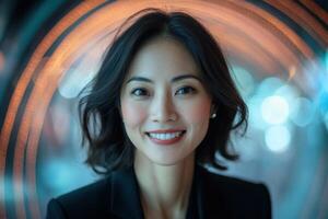 Smiling person portrait. Woman with short black hair wearing dark formal jacket. Abstract lights and modern background. Positive expression. Close up headshot. photo
