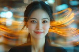 Portrait of a smiling woman with soft light. She has dark hair and a black suit. Blurry lights surround her face. Abstract background. photo