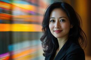Portrait of a woman with dark hair smiling softly wearing black jacket against an abstract colorful light design in a building interior photo