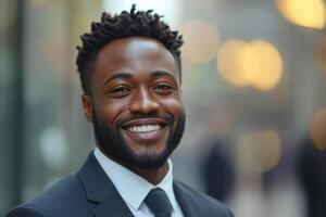 Close up of happy person smiling wearing dark business suit with a blurred city background with soft golden lights on a sunny day photo