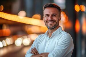 Smiling man in white shirt stands with arms crossed. Lights glow softly in the blurred urban background. photo