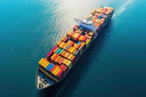 Large cargo ship transporting colorful containers sails on blue ocean. Aerial view of freight vessel in open sea during daytime. Global shipping concept. photo