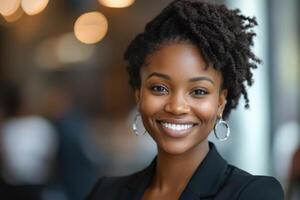 Portrait of a woman with a smile. She wears a black suit jacket. Silver earrings hang from her ears. Soft light illuminates her face. photo