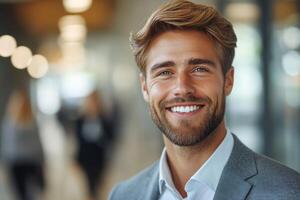 Portrait of a smiling man in jacket. Light brown hair and beard. Blurred office background. Professional modern environment. Close up view. photo