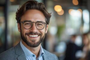 Smiling man in a suit and glasses looking at the camera in a bright office with people blurred in the background. photo