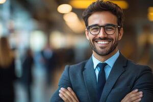 Smiling professional man in suit and glasses. Arms crossed indoors. Positive expression. Modern office environment. Business portrait with blurred background. photo