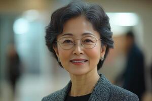 Smiling older woman with glasses looking at camera in office environment. Positive expression. Short grey hair and professional attire. photo