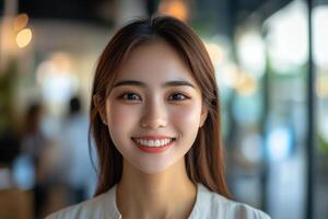 Close up portrait of smiling person. Brunette hair and fair skin. Warm light and blurred background. Happy expression with straight white teeth. photo