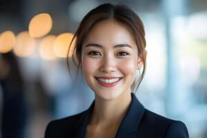 Professional woman in dark jacket smiles confidently. Head and shoulders shot. Soft light and blurred background in modern setting. Positive expression. photo