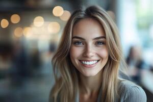 Attractive woman smiles broadly. Blond hair frames face with clear blue eyes. Soft focus background with light elements gives airy feeling. photo