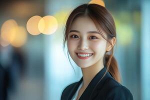 Smiling woman in business suit. Professional headshot. Office setting. Bokeh background. Happy face. Corporate. Attractive woman. Clean teeth. Positive emotion. Portrait. Indoors. Confidence. photo