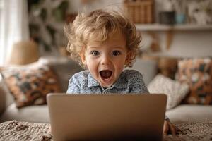 Small child looks surprised at the laptop screen. He is at home in a living room, sitting on a couch with pillows. photo