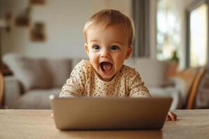 Happy baby looks at a tablet. Child with open mouth watching at screen. Toddler indoor at a wooden table in bright room. photo