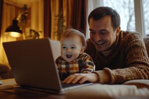 Man and baby look at laptop screen. Happy child touches the keyboard. Bright light in cozy room. Smiling faces looking at technology. photo