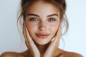 Close up portrait of a smiling girl with blue eyes and freckles holding her face with hands against a white background. photo