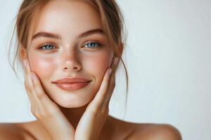 Portrait of a smiling person. The individual holds their face with hands. Visible skin and blue eyes. Clean background and soft lighting. photo