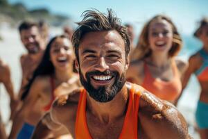 Smiling man with group on beach. People laugh in sunlight near ocean. Happy friends enjoy summer together. Fun day at seaside for many people. photo