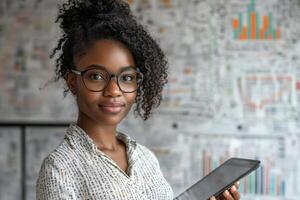Portrait of person with glasses holding tablet. Financial charts are in the background. Office setting. Smiling face. photo