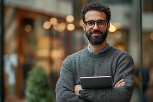 Smiling person with glasses holds tablet. Arms are folded. Beard and sweater. Office building is visible in background. Confident pose. photo