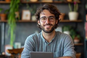 Man with beard and glasses smiles near plants. He has a tablet on the table and wears a grey patterned shirt. photo
