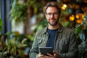 Man stands indoors with tablet. He smiles at the camera surrounded by green plants. Jacket and glasses. Warm lighting and blurred background. photo