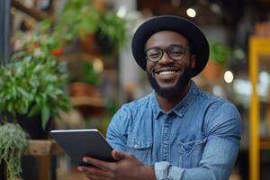 Smiling person holds a tablet device. Plants surround the indoor space. The person wears glasses and a denim shirt with a black hat. photo