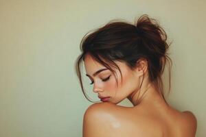 Profile of a beautiful woman with dark hair in a messy bun. Soft skin and gentle light against a plain neutral wall. photo
